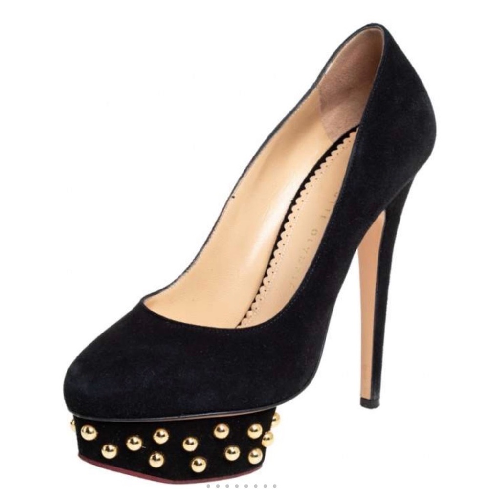 Charlotte Olympia Black Suede Dolly Studded Platform Pumps Size 37.5 Sz 7